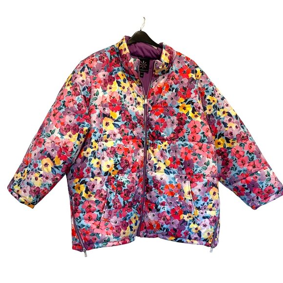 NWOT Isaac Mizrahi Live Reversible Floral Solid Puffer Coat US 5X Lightweight Wi - Picture 2 of 10